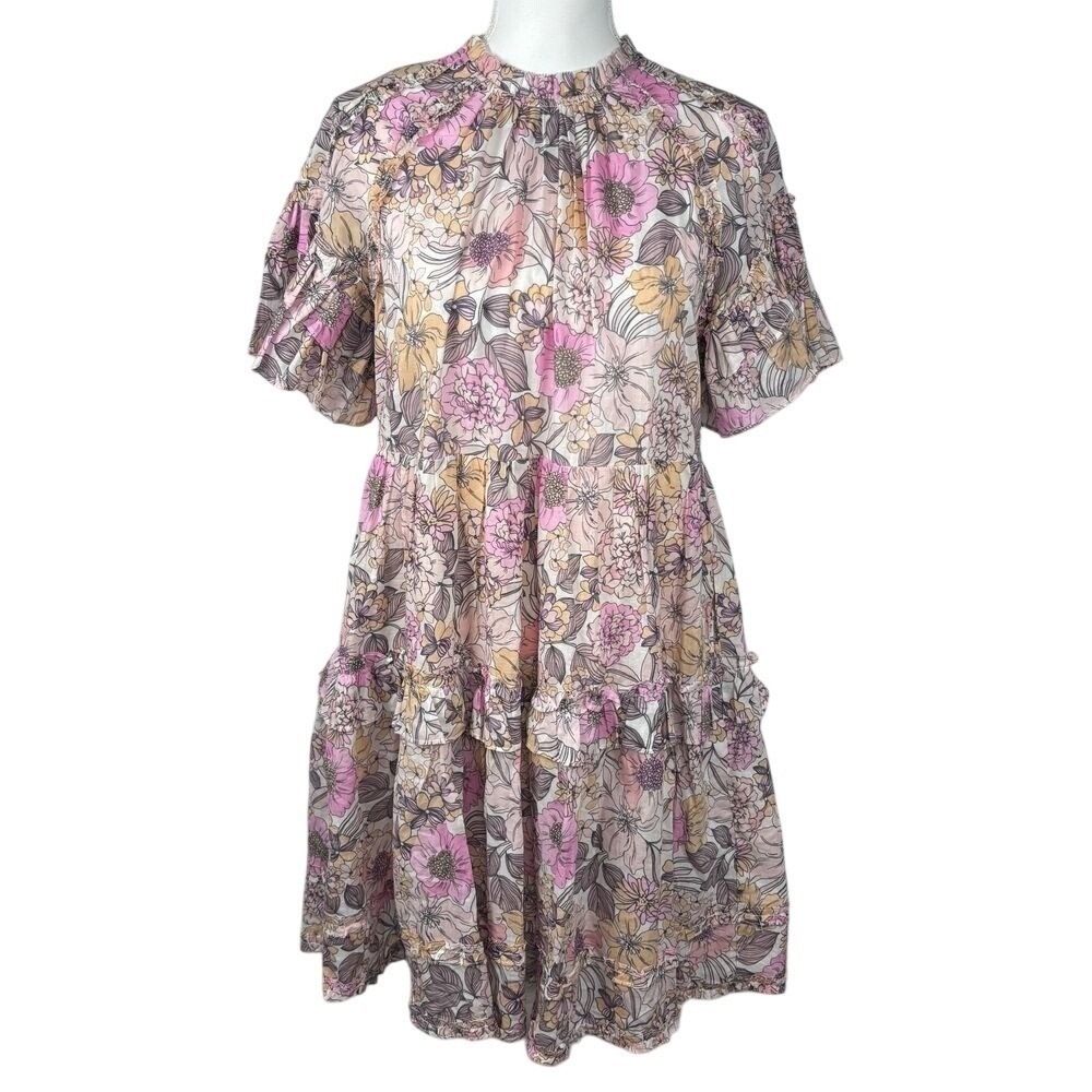Anthropologie Cottagecore Dress Floral Tiered Ruffle Boho Poppies Lillies Mini S - Picture 2 of 10